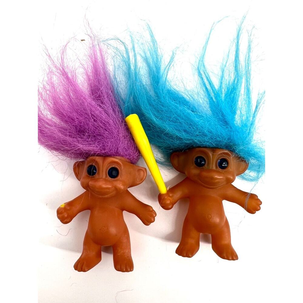 Vintage Korea Lucky Troll Doll Lot of 2 Small Troll Dolls Blue Purple Hair